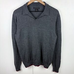 Lachlan 100% Merino Wool Polo Collared Sweater Gray Purple Trim Mens Large